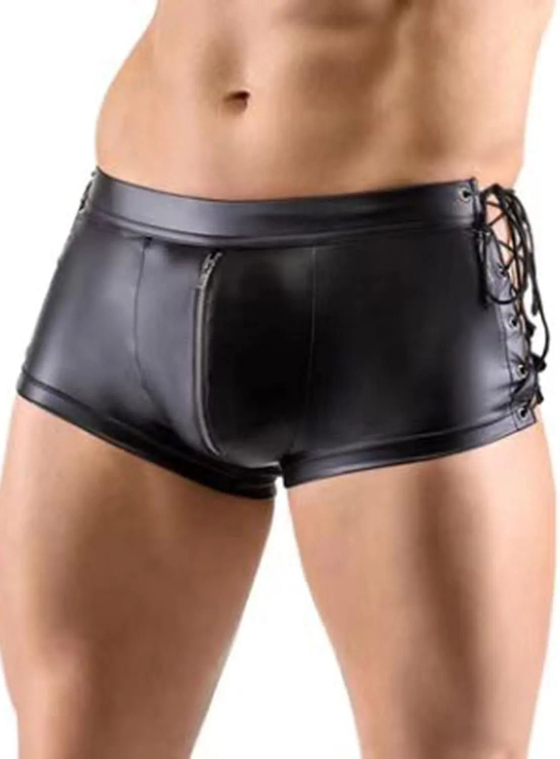 Men's PU Leather Briefs Underwear Hollow Out Zipper Crotch Boxer Shorts Sexy Swim Trunks