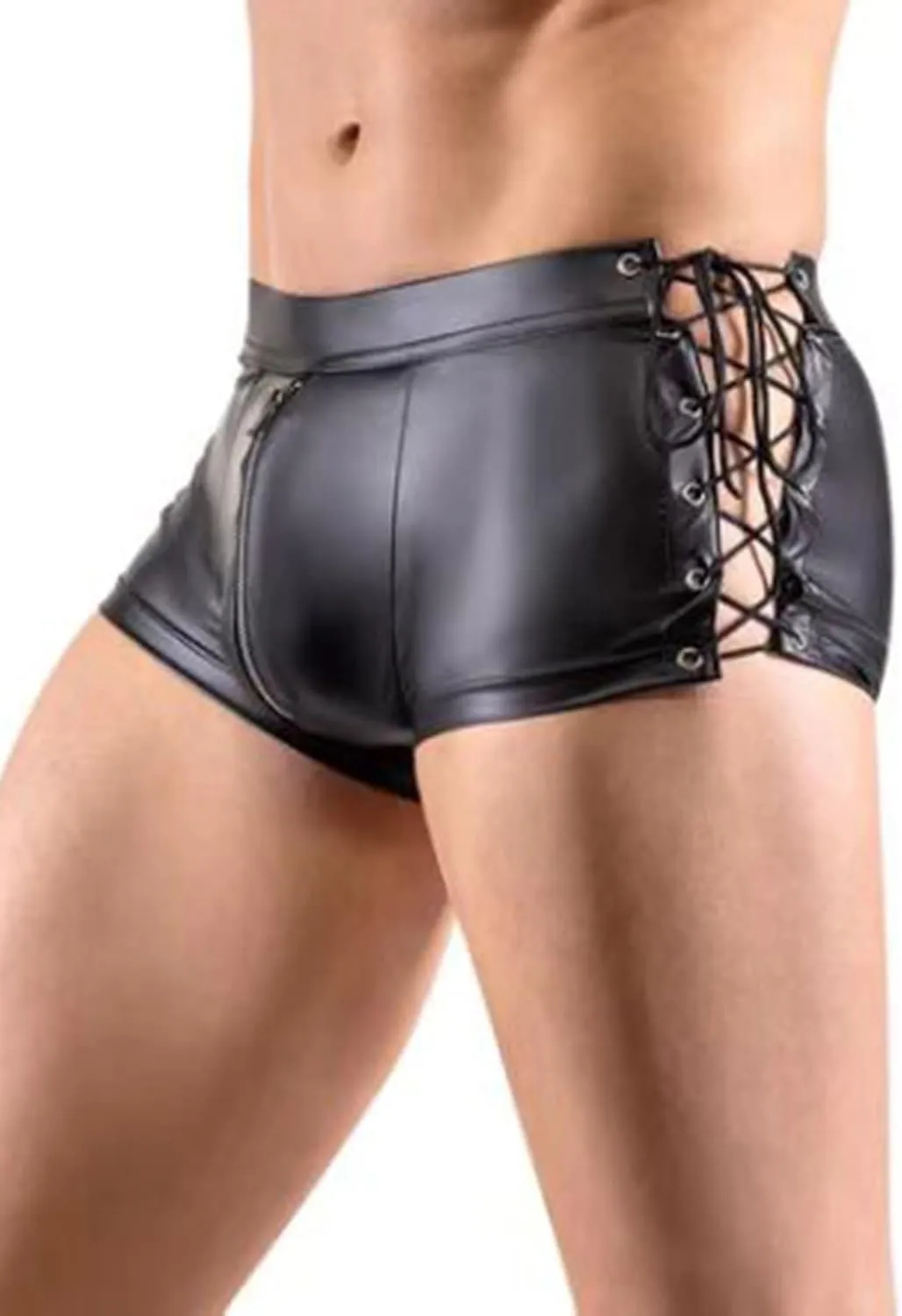 Men's PU Leather Briefs Underwear Hollow Out Zipper Crotch Boxer Shorts Sexy Swim Trunks