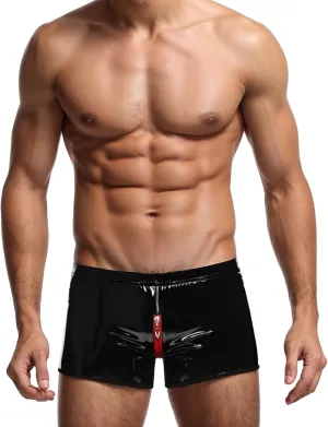 Men's Sexy Patent Boxers Shorts PVC High Gloss Patent Leather Shorts Erotic Open Crotch Underpants with Zipper Black Boxer Briefs Seductive Open Front Panties Underwear