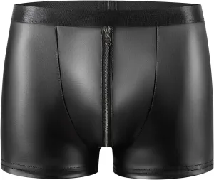 Men's Soft Leather Matte Boxer Briefs Sexy Matte Soft Leather Boxer Briefs Leather Shorts with Zipper Open Gear Boxer Shorts Underwear Black Exotic Sex Short Pants Underpants