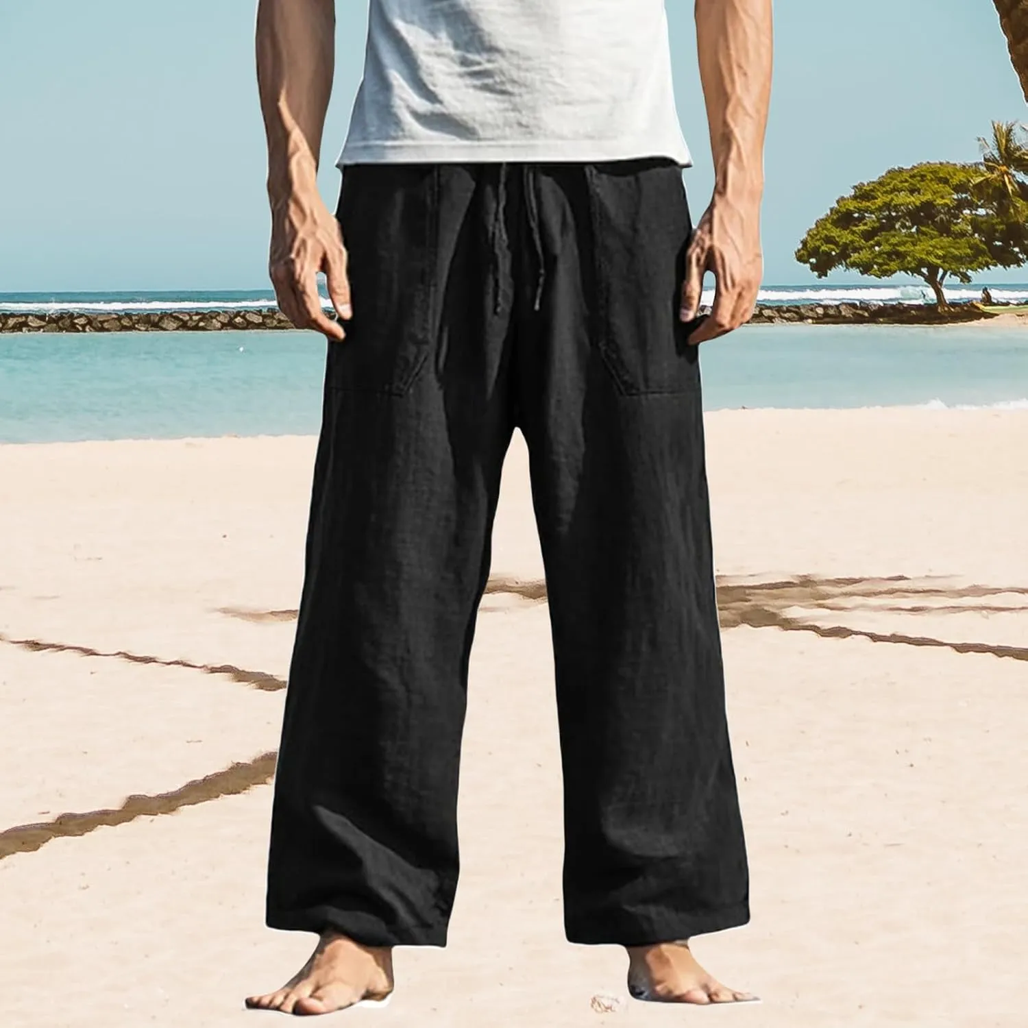 Mens Straight Leg Pants Button Elastic Waist Hawaiian Casual Loose Fit Stylish Breathable Beach Trousers with Pockets