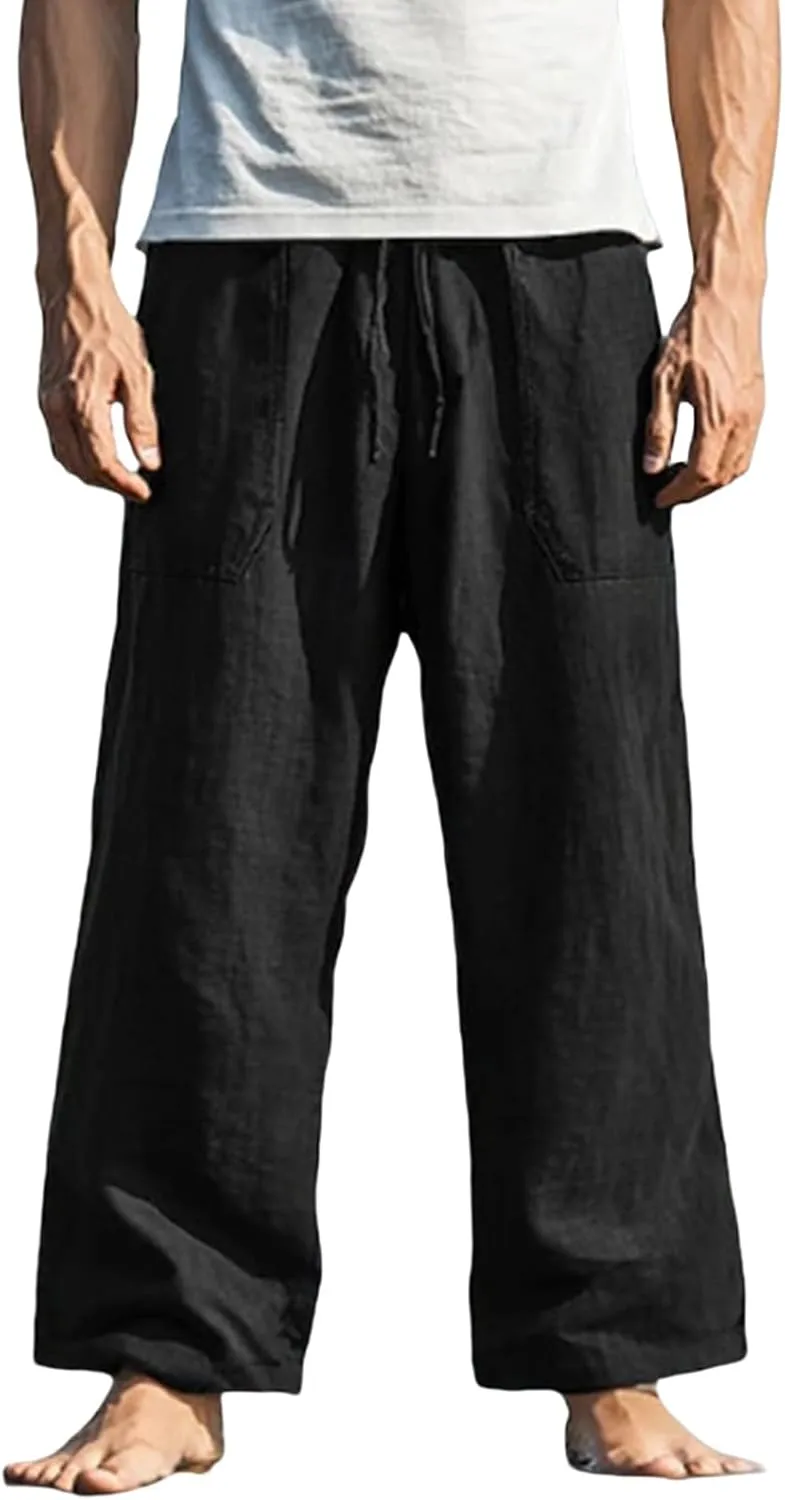 Mens Straight Leg Pants Button Elastic Waist Hawaiian Casual Loose Fit Stylish Breathable Beach Trousers with Pockets