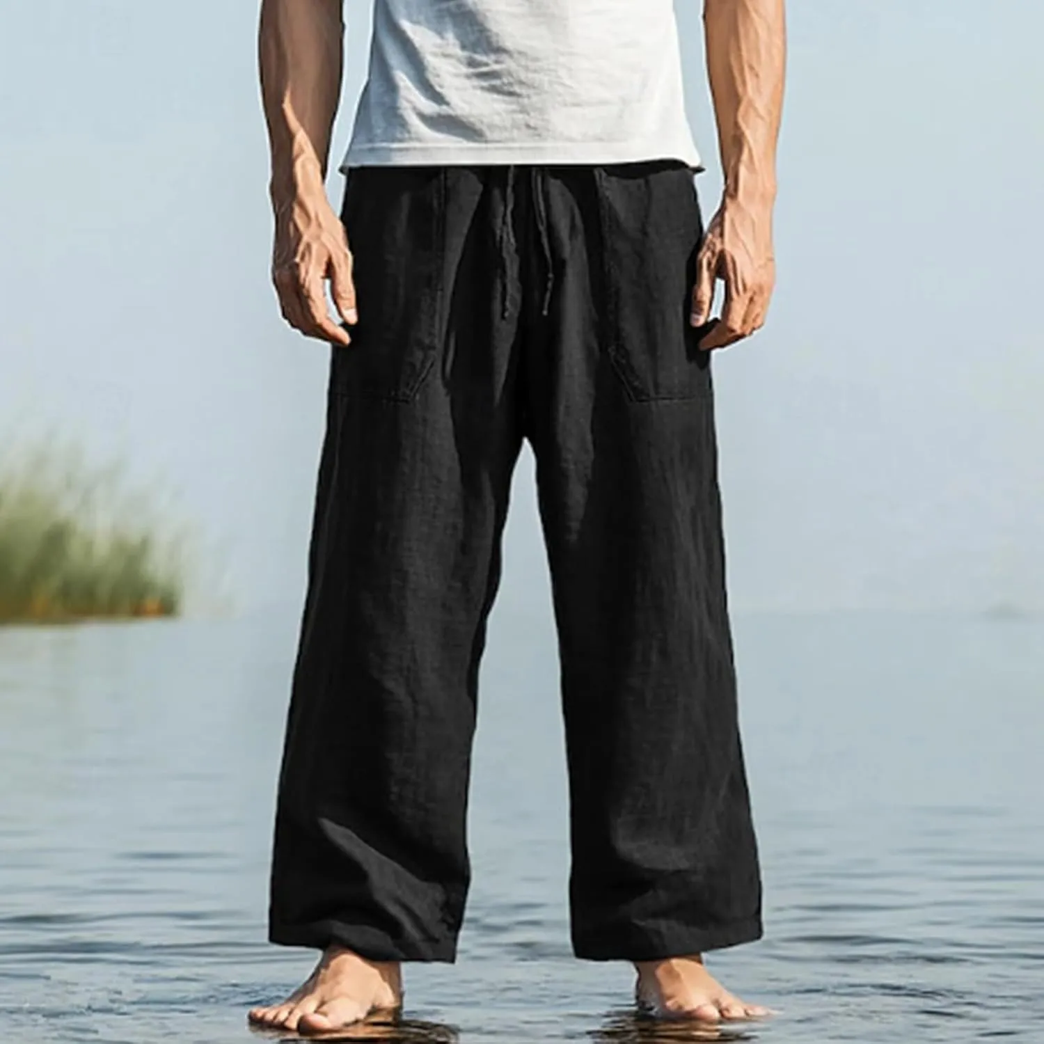 Mens Straight Leg Pants Button Elastic Waist Hawaiian Casual Loose Fit Stylish Breathable Beach Trousers with Pockets