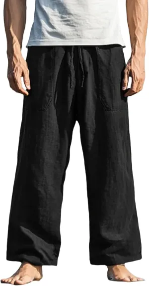 Mens Straight Leg Pants Button Elastic Waist Hawaiian Casual Loose Fit Stylish Breathable Beach Trousers with Pockets