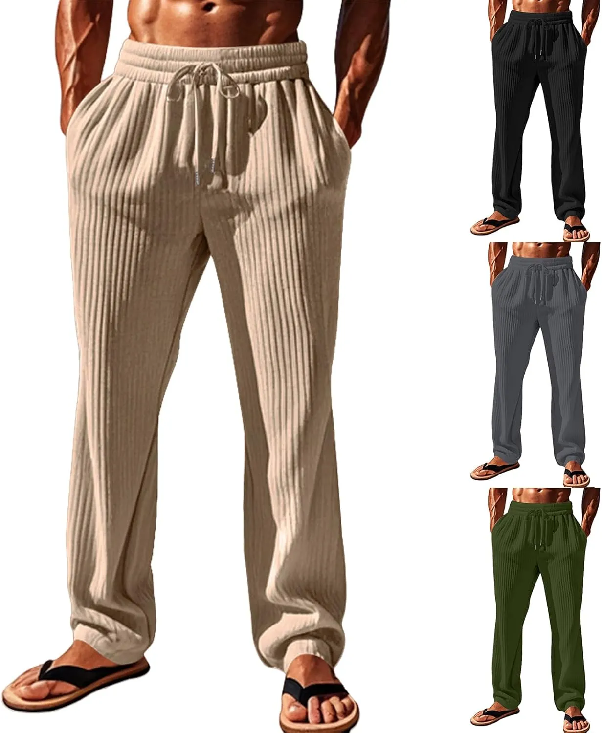 Men's Stylish Trousers Vertical Stripes Athletic Pants Solid Baggy Casual Pants Outdoor Athletic Trouser with Pockets