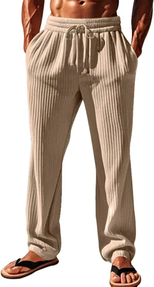 Men's Stylish Trousers Vertical Stripes Athletic Pants Solid Baggy Casual Pants Outdoor Athletic Trouser with Pockets