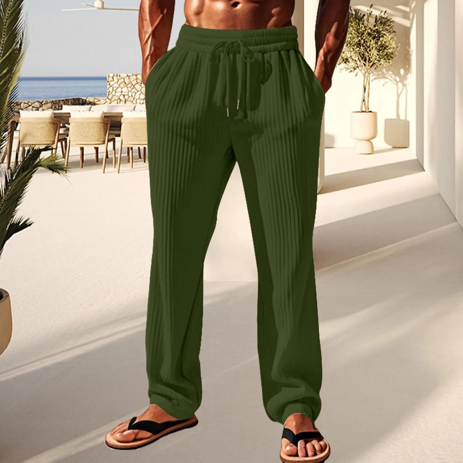 Men's Stylish Trousers Vertical Stripes Athletic Pants Solid Baggy Casual Pants Outdoor Athletic Trouser with Pockets
