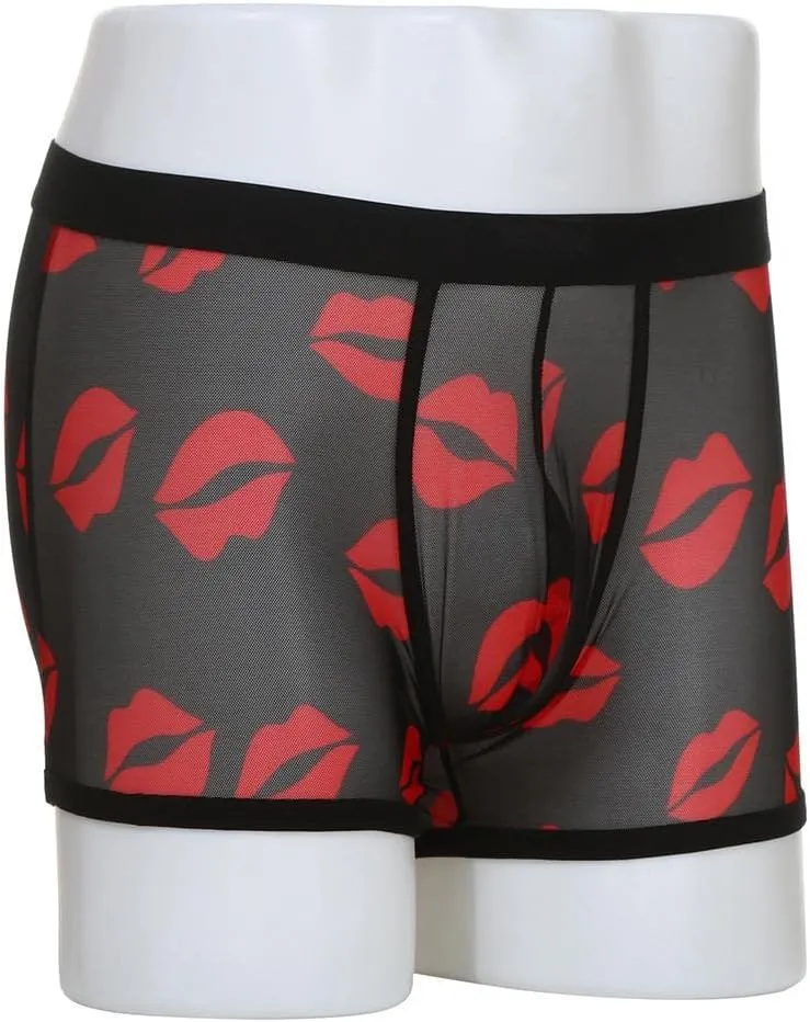 Mens Underwear Men's Sexy Mesh Underwear Hot Lip Transparent Lingerie Boxer Briefs Valentine's Day Men's Underwear