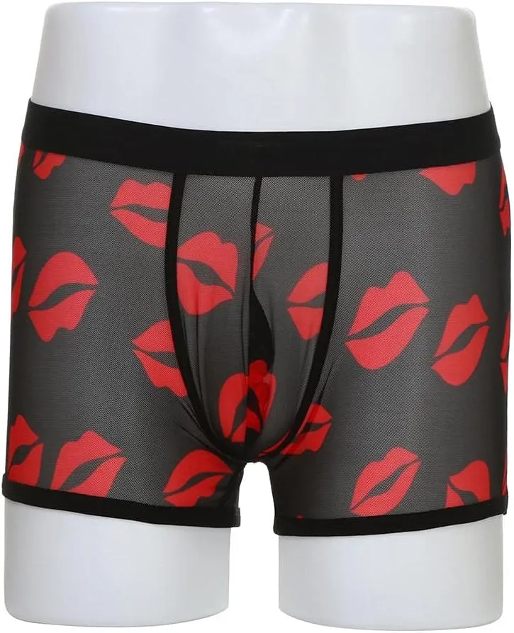 Mens Underwear Men's Sexy Mesh Underwear Hot Lip Transparent Lingerie Boxer Briefs Valentine's Day Men's Underwear