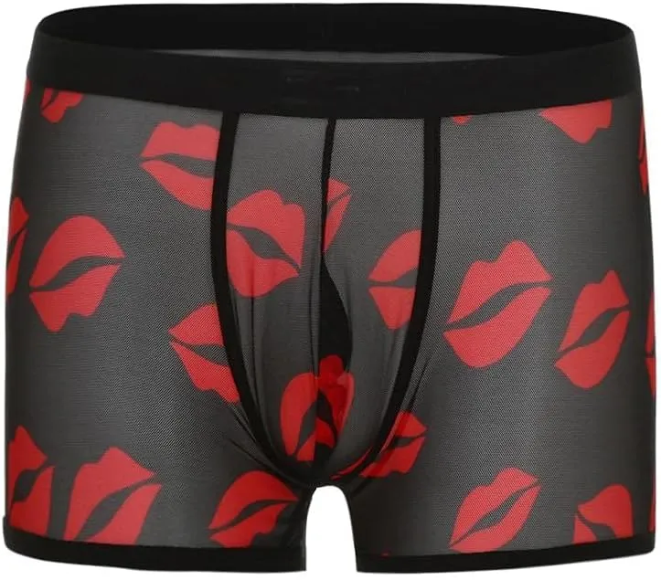 Mens Underwear Men's Sexy Mesh Underwear Hot Lip Transparent Lingerie Boxer Briefs Valentine's Day Men's Underwear
