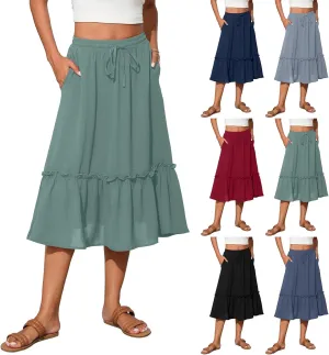 midelxp Casual Flowy Skirts for Women Drawstring High Waisted Tiered Midi Skirts Boho Swing A Line Skirts with Pockets