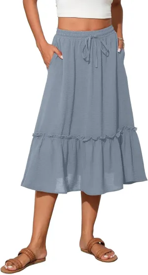 midelxp Casual Flowy Skirts for Women Drawstring High Waisted Tiered Midi Skirts Boho Swing A Line Skirts with Pockets