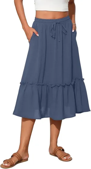 midelxp Casual Flowy Skirts for Women Drawstring High Waisted Tiered Midi Skirts Boho Swing A Line Skirts with Pockets