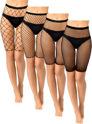 Newcotte 4 Pcs Fishnet Shorts High Waisted Mesh Short Leggings See Through Fishnet Tights Cover up Shorts for Women (Common)