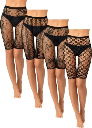 Newcotte 4 Pcs Fishnet Shorts High Waisted Mesh Short Leggings See Through Fishnet Tights Cover up Shorts for Women (Floral)