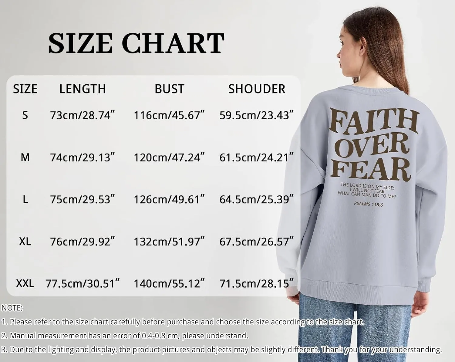 Oversized Christian Sweatshirt Women Faith Over Fear Sweater Christian Religious Sayings Pullover Long Sleeve Shirt
