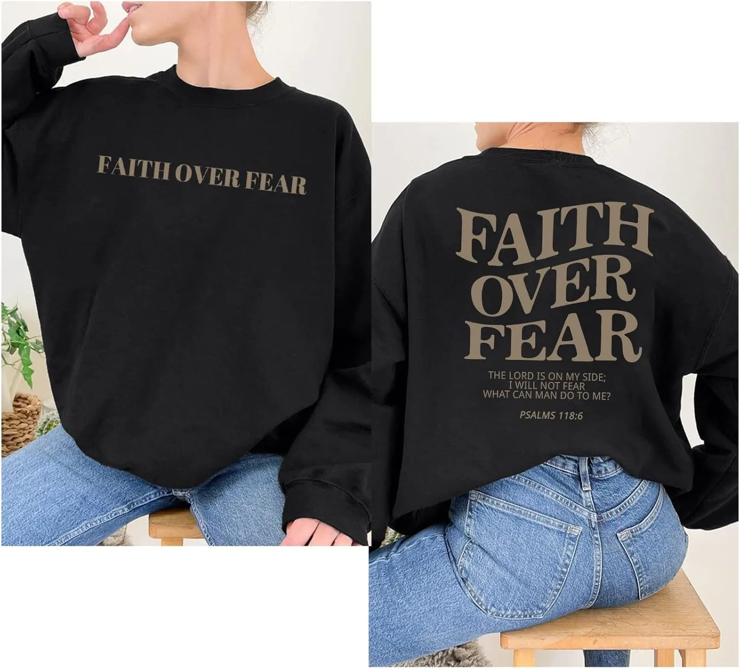 Oversized Christian Sweatshirt Women Faith Over Fear Sweater Christian Religious Sayings Pullover Long Sleeve Shirt