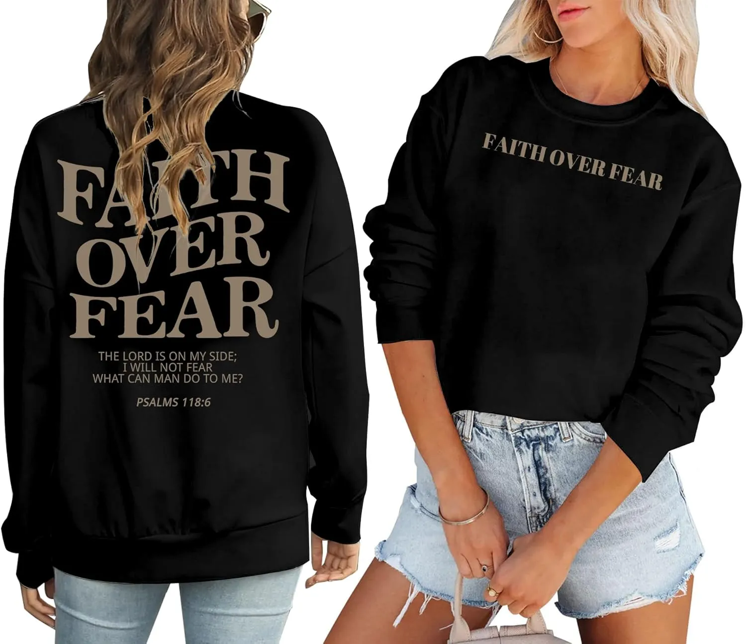 Oversized Christian Sweatshirt Women Faith Over Fear Sweater Christian Religious Sayings Pullover Long Sleeve Shirt