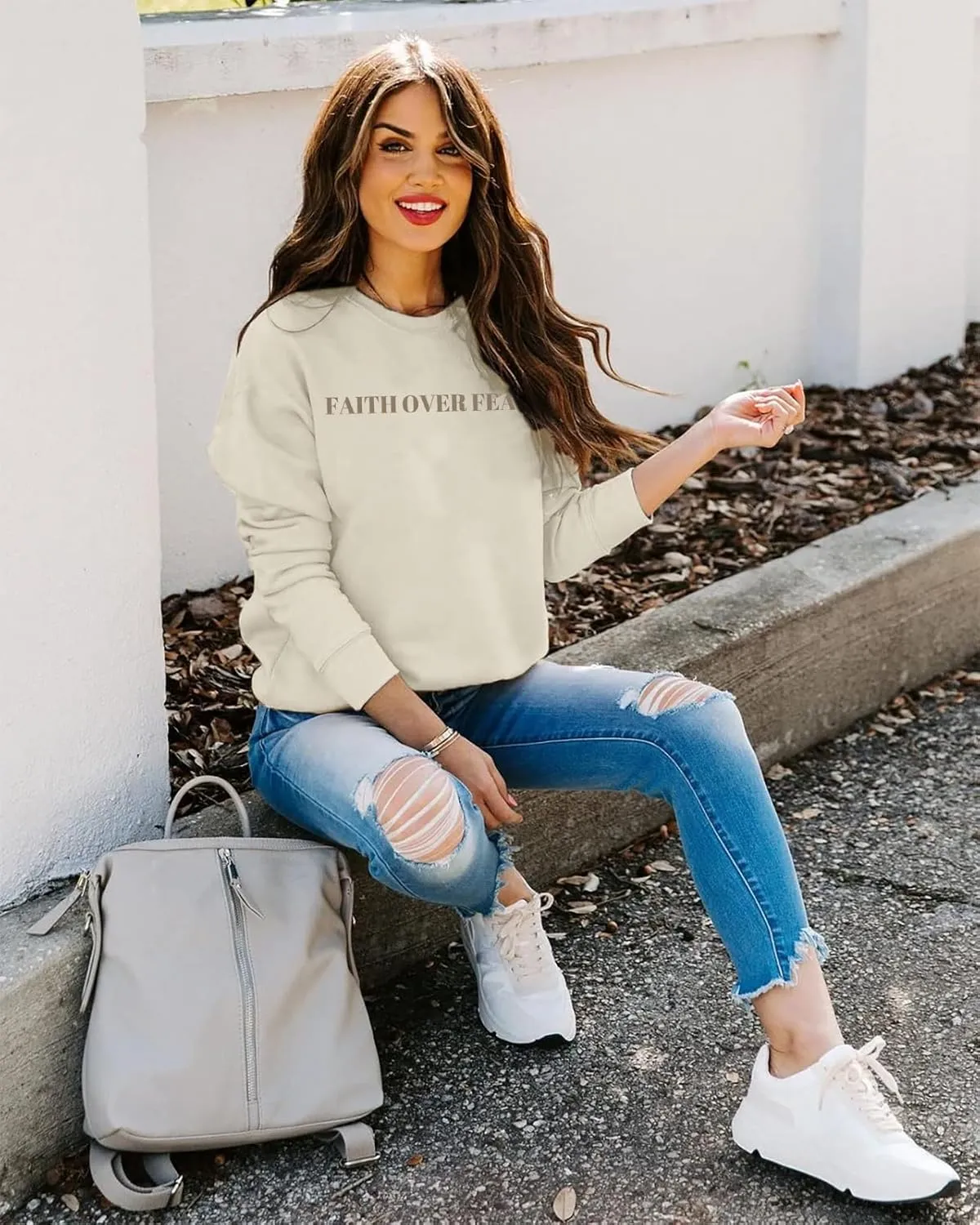 Oversized Christian Sweatshirt Women Faith Over Fear Sweater Christian Religious Sayings Pullover Long Sleeve Shirt
