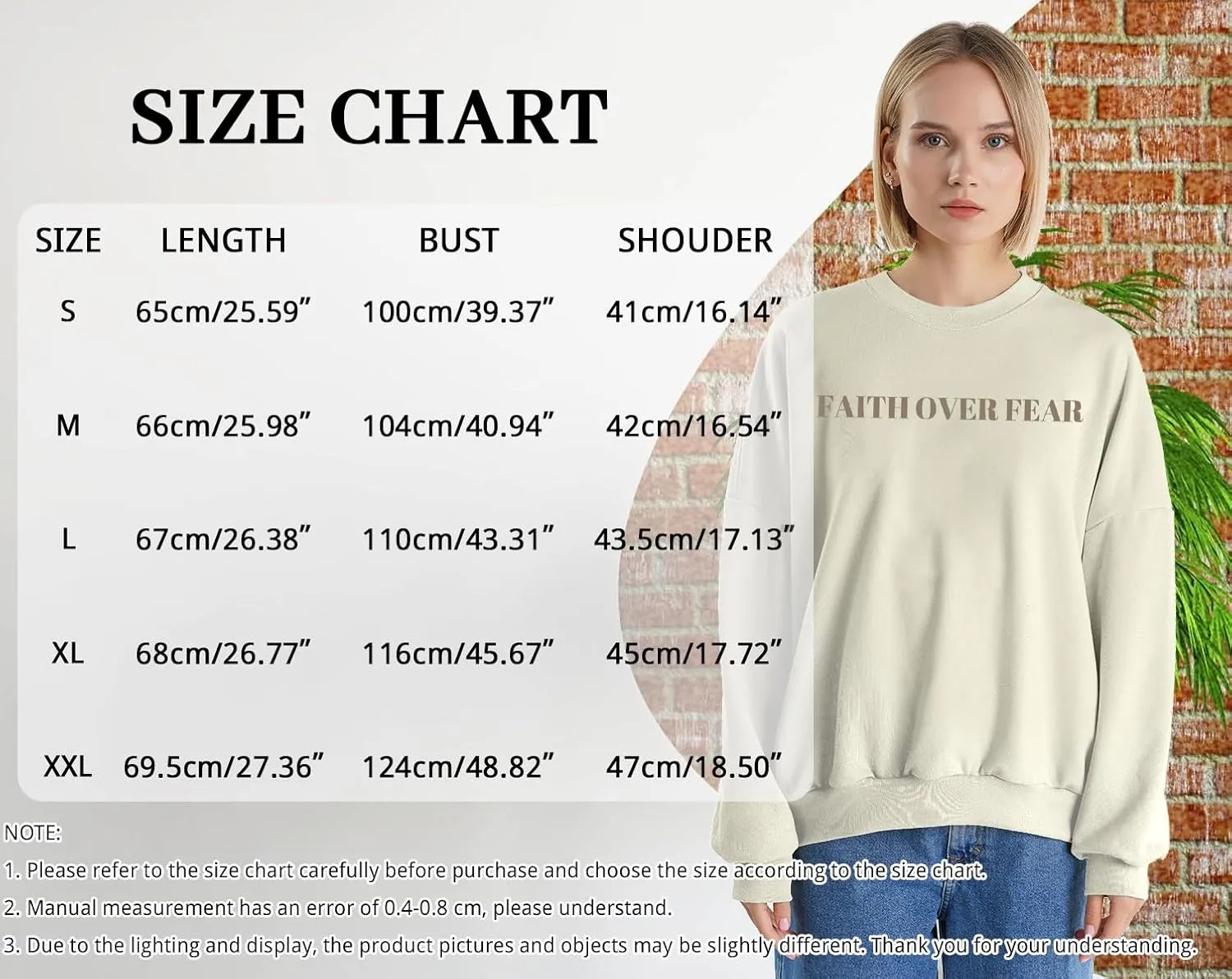 Oversized Christian Sweatshirt Women Faith Over Fear Sweater Christian Religious Sayings Pullover Long Sleeve Shirt