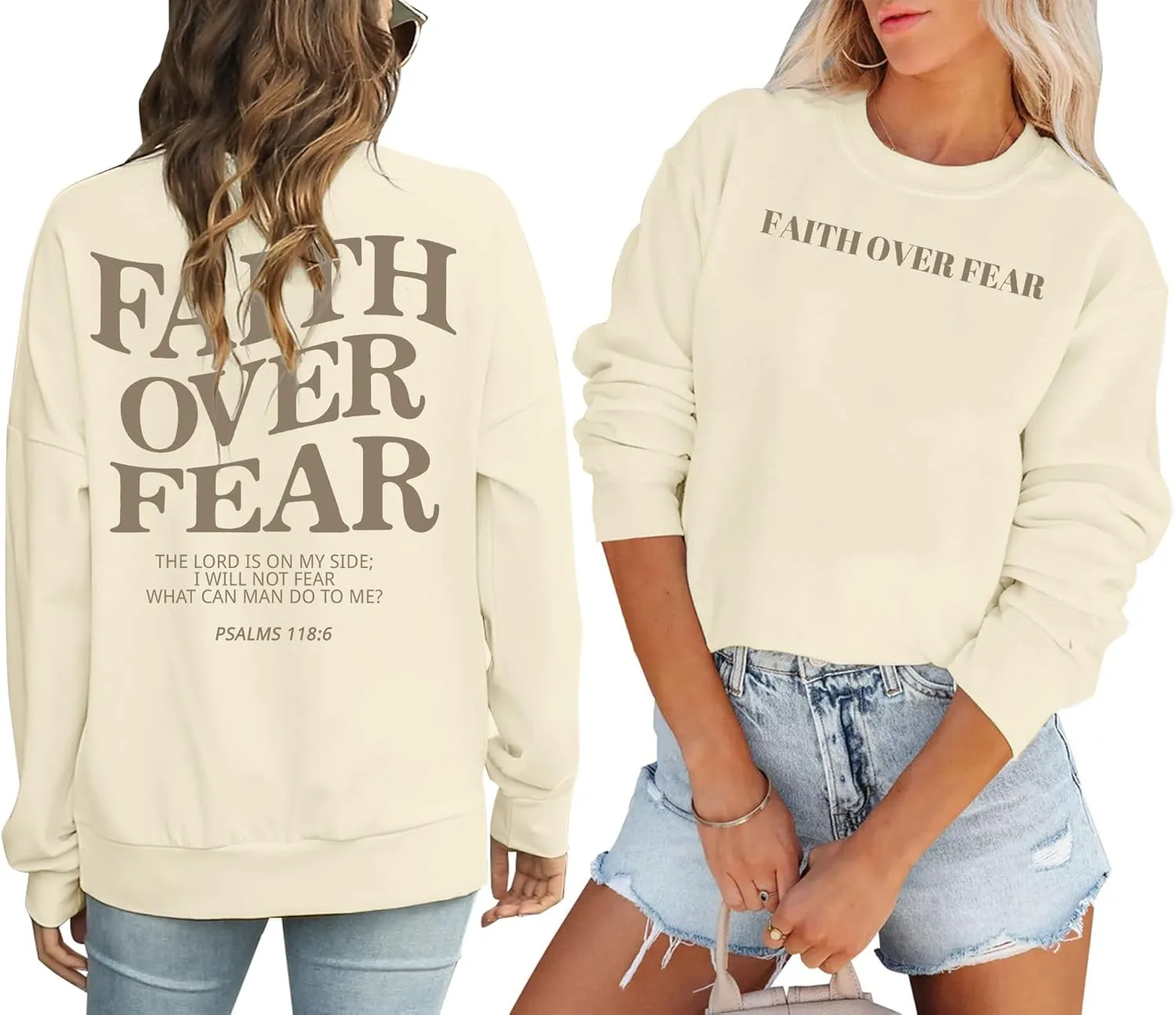 Oversized Christian Sweatshirt Women Faith Over Fear Sweater Christian Religious Sayings Pullover Long Sleeve Shirt