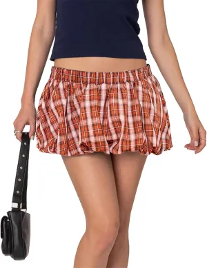 Plaid Bubble Mini Skirt - Sexy Y2K Low Rise Skort Puff Skirts with Shorts Underneath