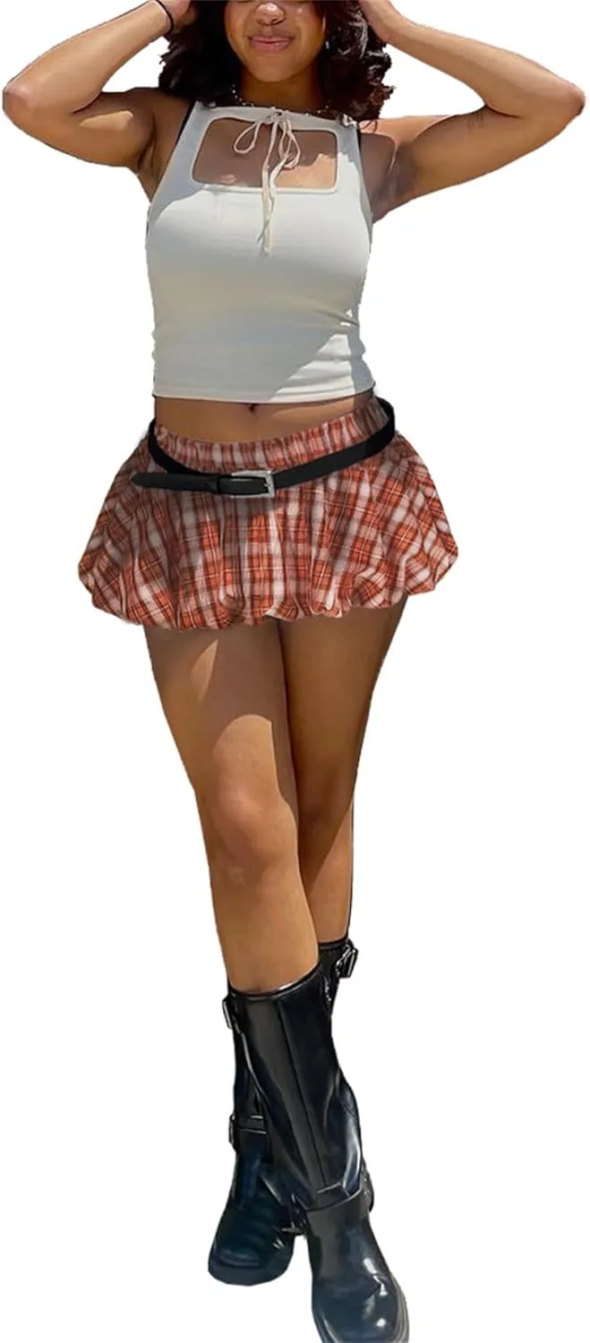 Plaid Bubble Mini Skirt - Sexy Y2K Low Rise Skort Puff Skirts with Shorts Underneath