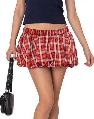 Plaid Bubble Mini Skirt - Sexy Y2K Low Rise Skort Puff Skirts with Shorts Underneath