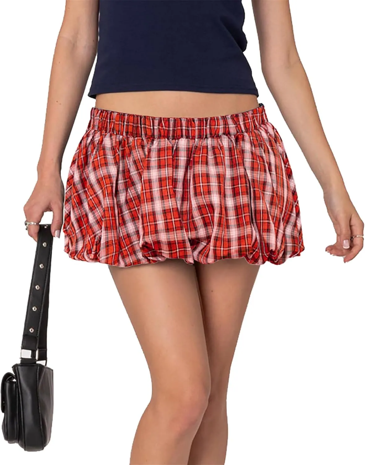 Plaid Bubble Mini Skirt - Sexy Y2K Low Rise Skort Puff Skirts with Shorts Underneath
