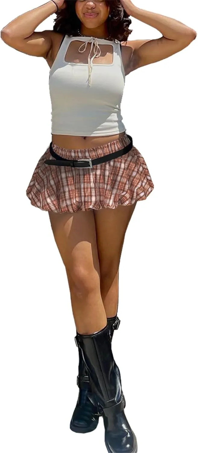 Plaid Bubble Mini Skirt - Sexy Y2K Low Rise Skort Puff Skirts with Shorts Underneath