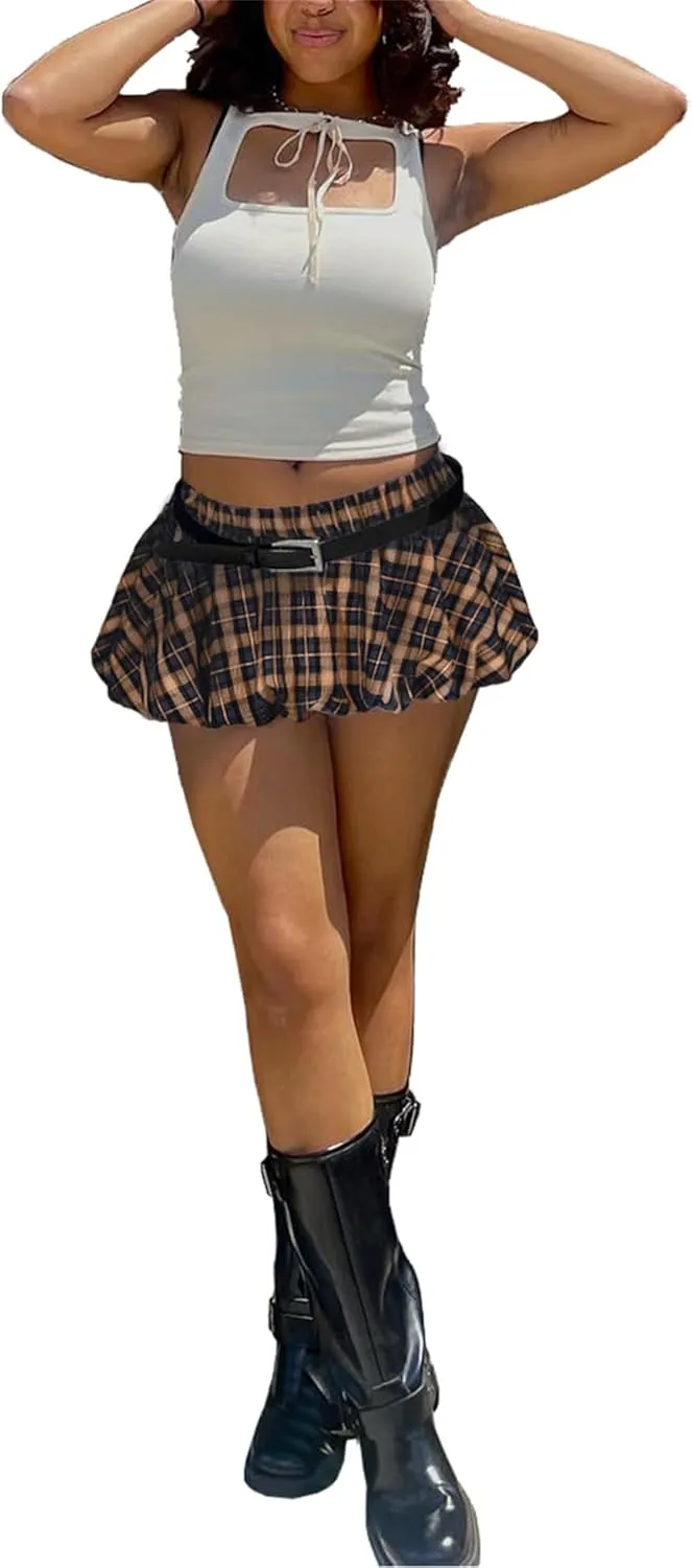 Plaid Bubble Mini Skirt - Sexy Y2K Low Rise Skort Puff Skirts with Shorts Underneath