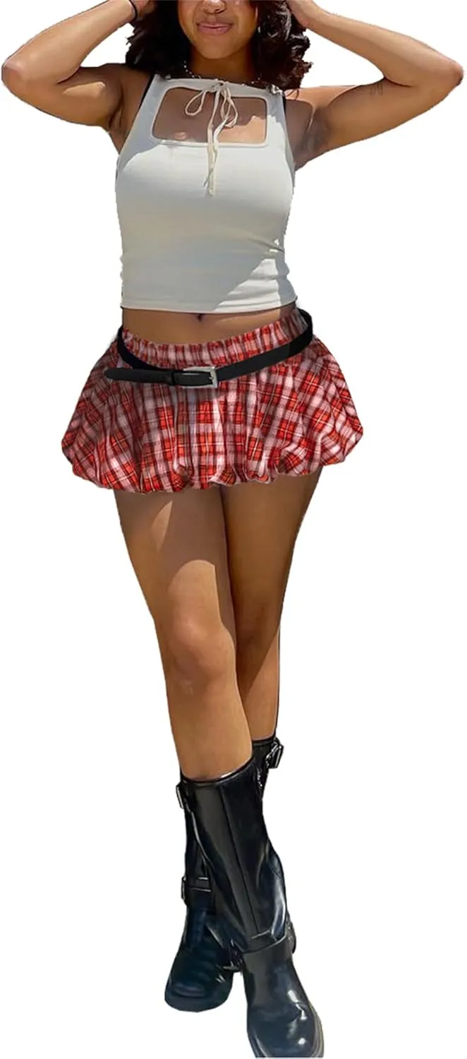 Plaid Bubble Mini Skirt - Sexy Y2K Low Rise Skort Puff Skirts with Shorts Underneath