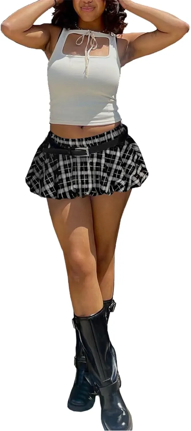 Plaid Bubble Mini Skirt - Sexy Y2K Low Rise Skort Puff Skirts with Shorts Underneath