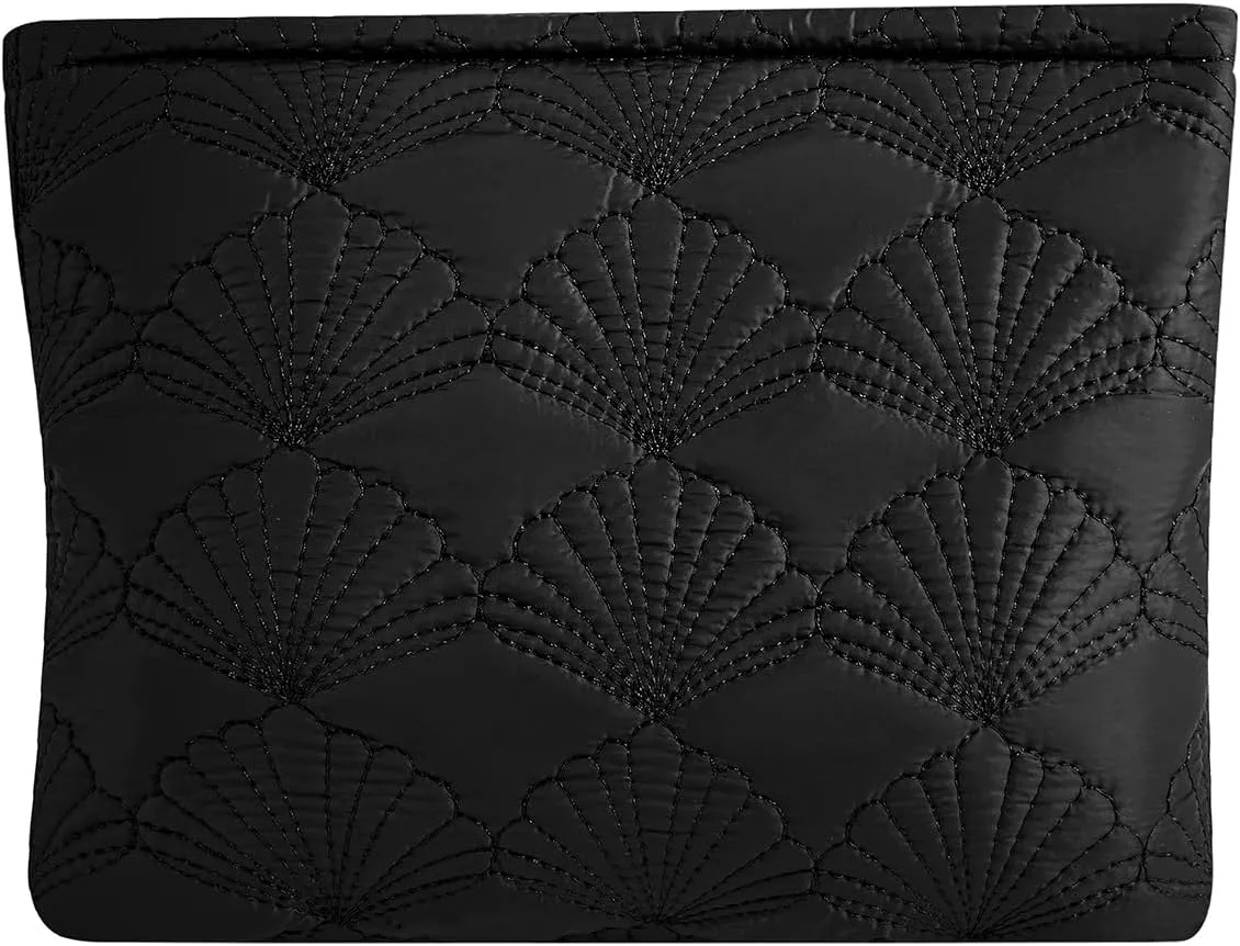 Quilted Cotton Coquette Makeup bag, Coastal Granddaughter Aesthetic Cosmetic Bag, Cute Seashell Portable Travel Toiletry Pouch (02Black)