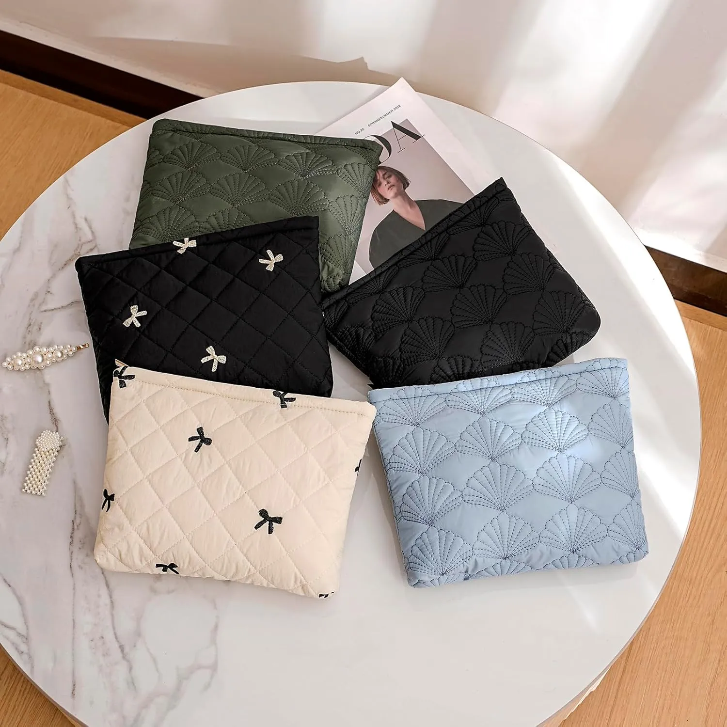 Quilted Cotton Coquette Makeup bag, Coastal Granddaughter Aesthetic Cosmetic Bag, Cute Seashell Portable Travel Toiletry Pouch (03Light Blue)