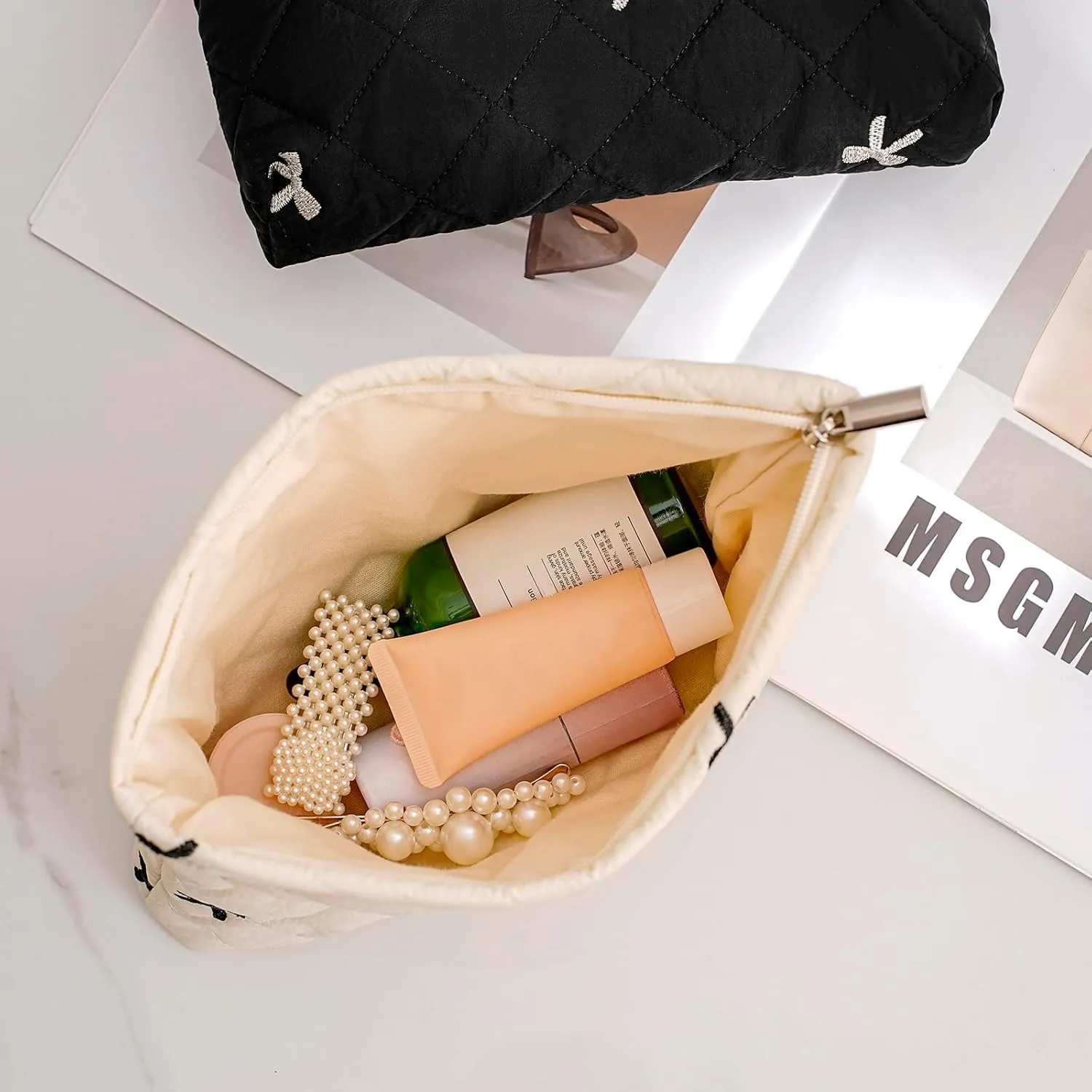 Quilted Cotton Coquette Makeup bag, Coastal Granddaughter Aesthetic Cosmetic Bag, Cute Seashell Portable Travel Toiletry Pouch (04Dark Green)