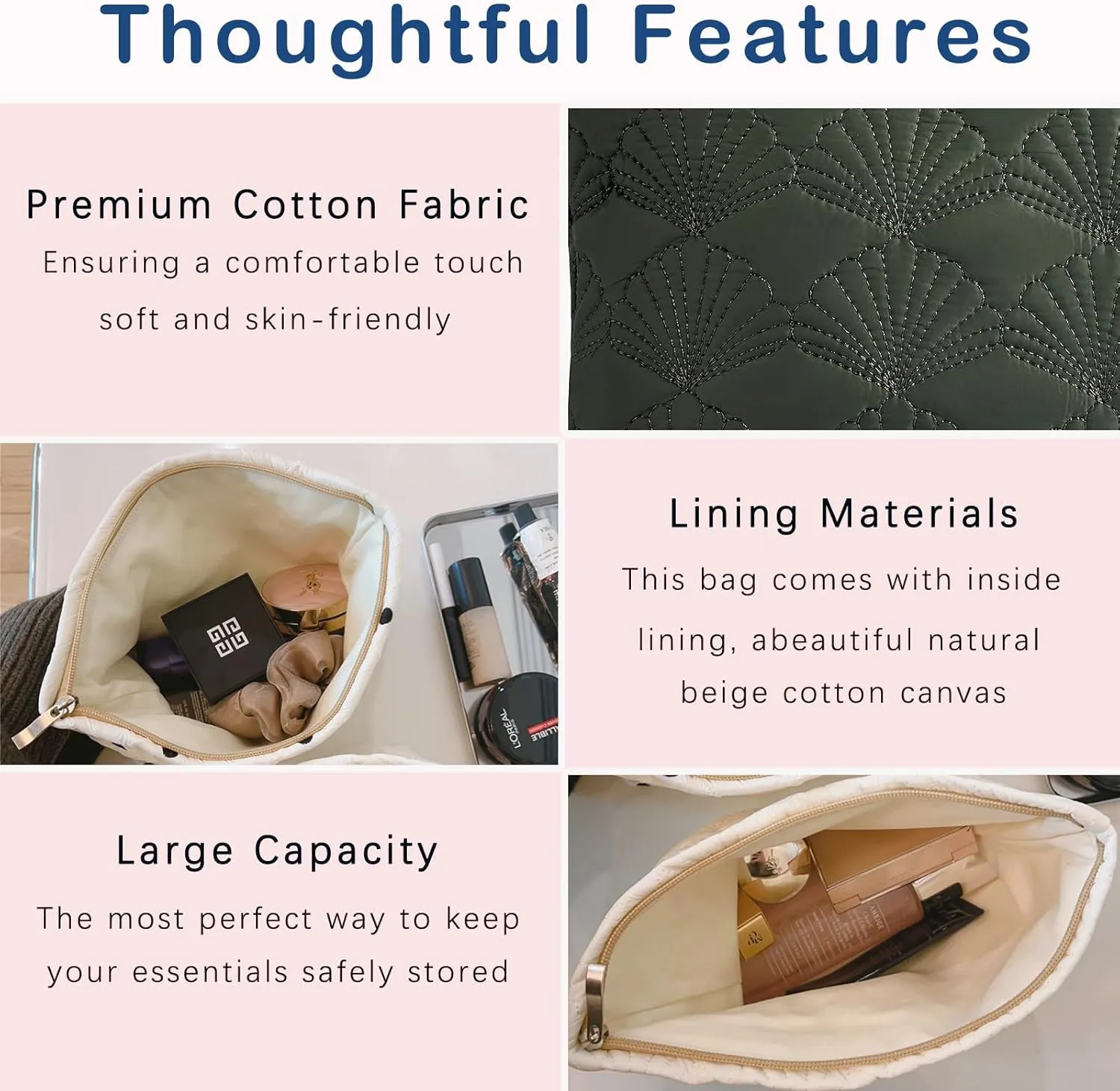 Quilted Cotton Coquette Makeup bag, Coastal Granddaughter Aesthetic Cosmetic Bag, Cute Seashell Portable Travel Toiletry Pouch (04Dark Green)
