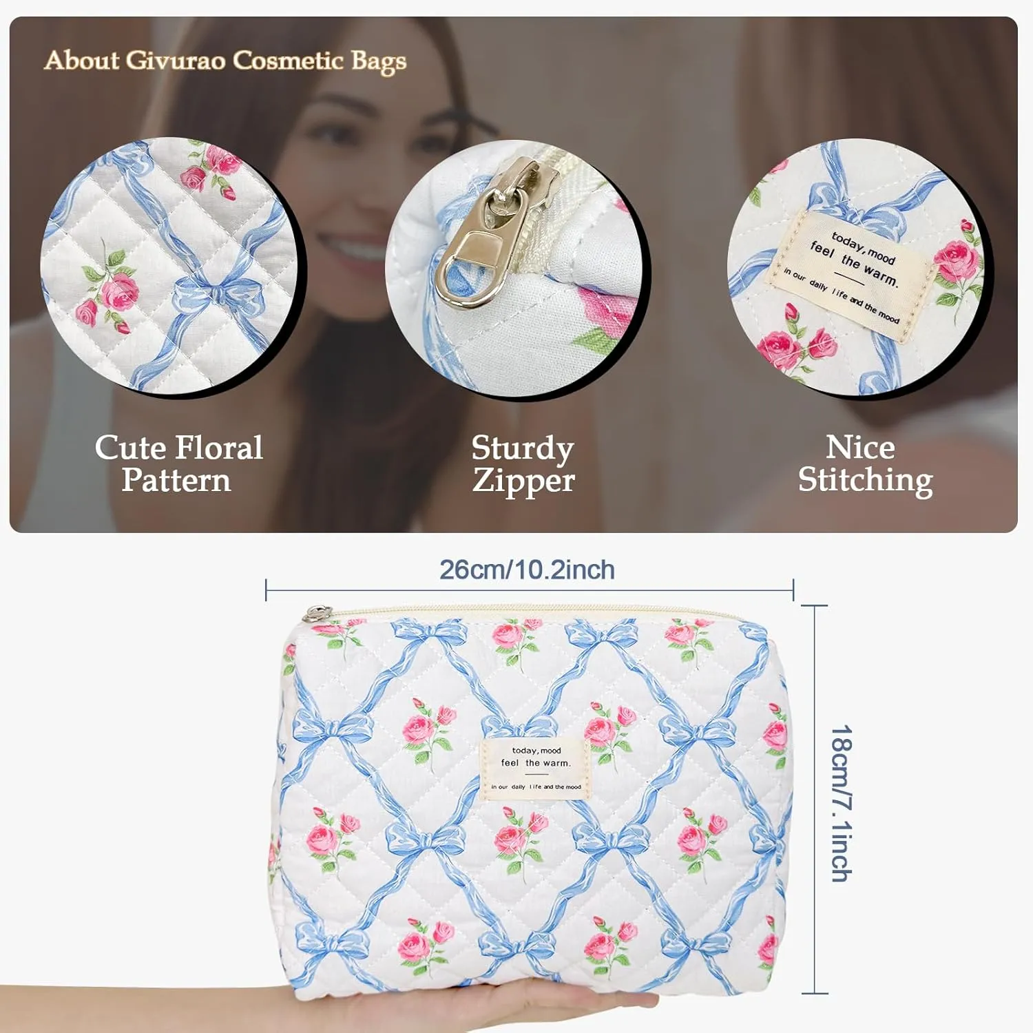 Quilted Makeup Bag, Cute Floral Makeup Bag Portable Cotton Cosmetic Tote Bags for Women Ladies Medium Girls Purse Pouch Blue Bow Flowers Toiletry Makeup Bag Organizer