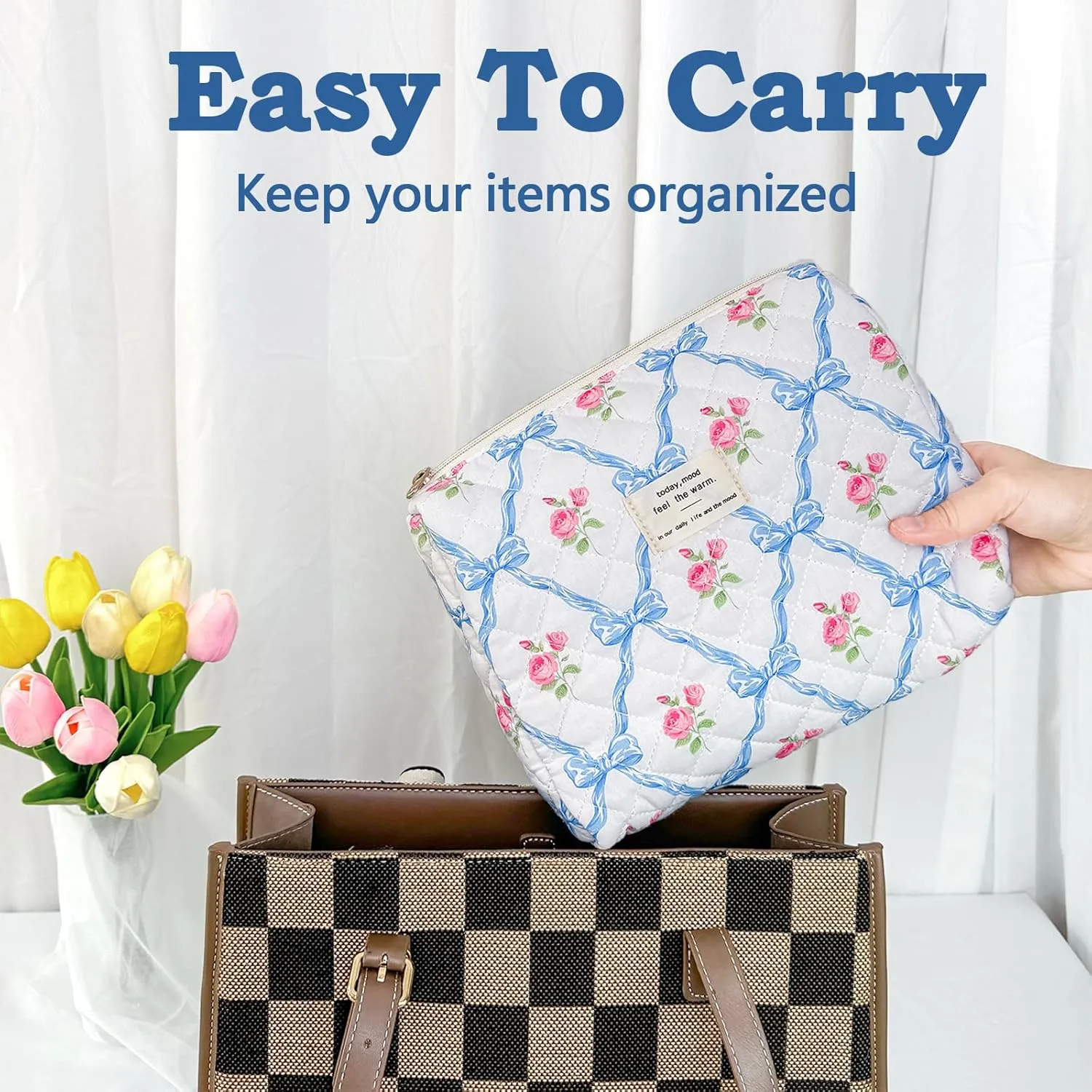Quilted Makeup Bag, Cute Floral Makeup Bag Portable Cotton Cosmetic Tote Bags for Women Ladies Medium Girls Purse Pouch Blue Bow Flowers Toiletry Makeup Bag Organizer