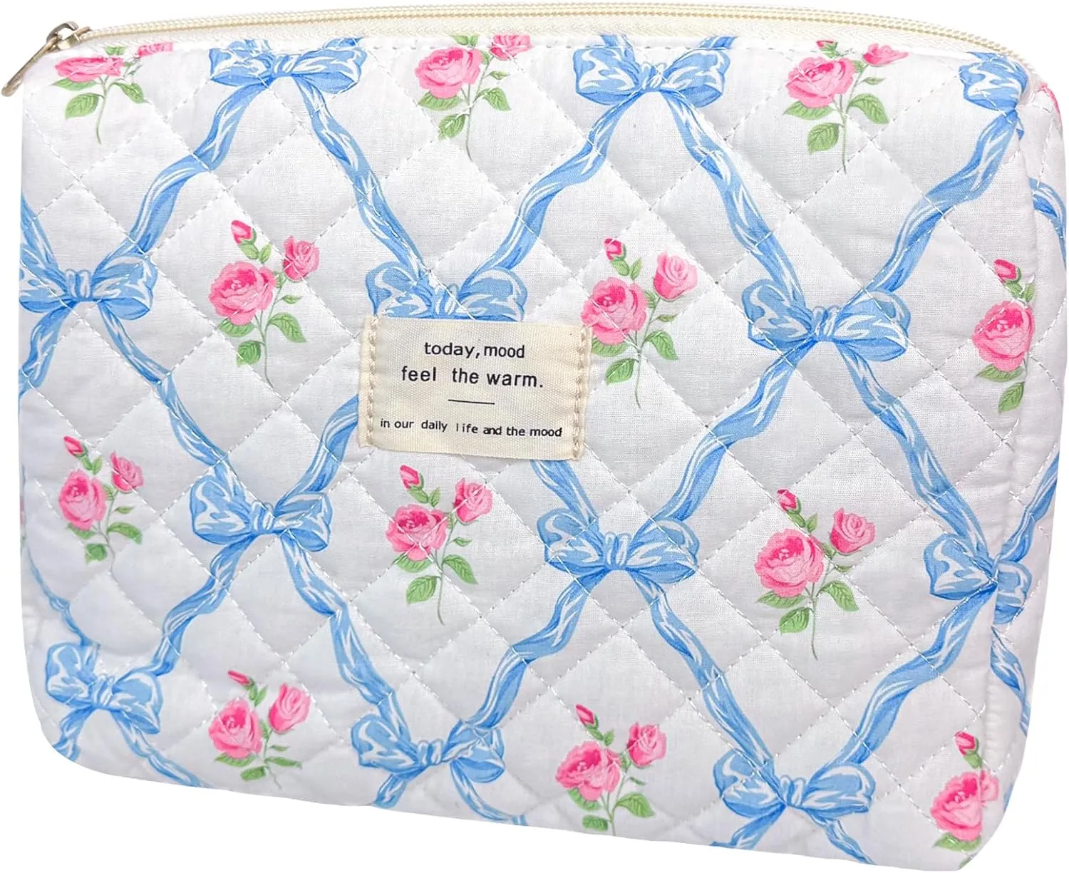 Quilted Makeup Bag, Cute Floral Makeup Bag Portable Cotton Cosmetic Tote Bags for Women Ladies Medium Girls Purse Pouch Blue Bow Flowers Toiletry Makeup Bag Organizer