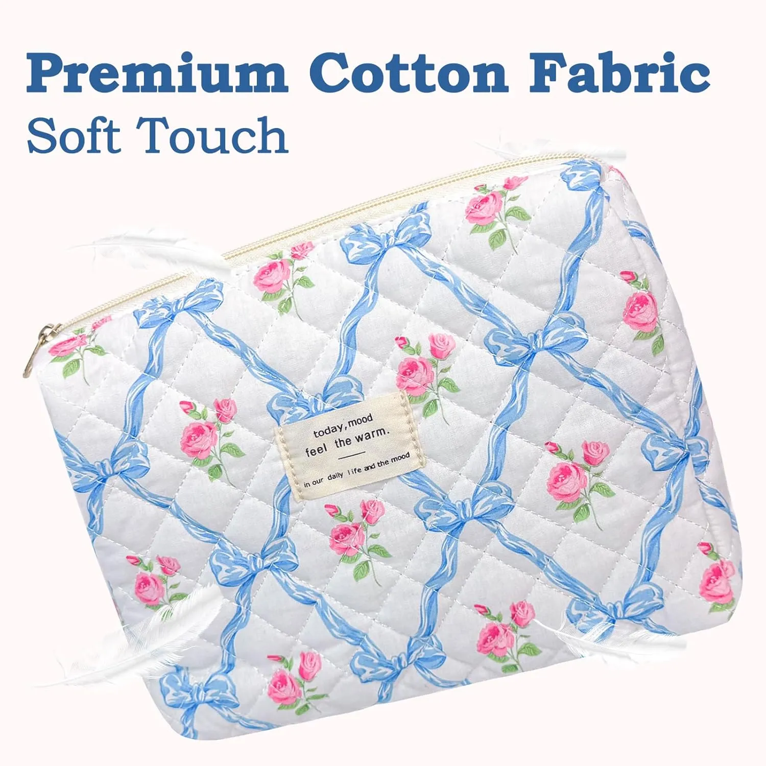 Quilted Makeup Bag, Cute Floral Makeup Bag Portable Cotton Cosmetic Tote Bags for Women Ladies Medium Girls Purse Pouch Blue Bow Flowers Toiletry Makeup Bag Organizer