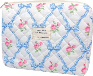 Quilted Makeup Bag, Cute Floral Makeup Bag Portable Cotton Cosmetic Tote Bags for Women Ladies Medium Girls Purse Pouch Blue Bow Flowers Toiletry Makeup Bag Organizer