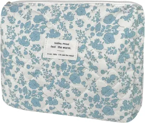 Quilted Makeup Bag, Cute Floral Portable Cotton Cosmetic Tote for Women Ladies Medium Girls Purse Pouch Toiletry Little Flower Blue