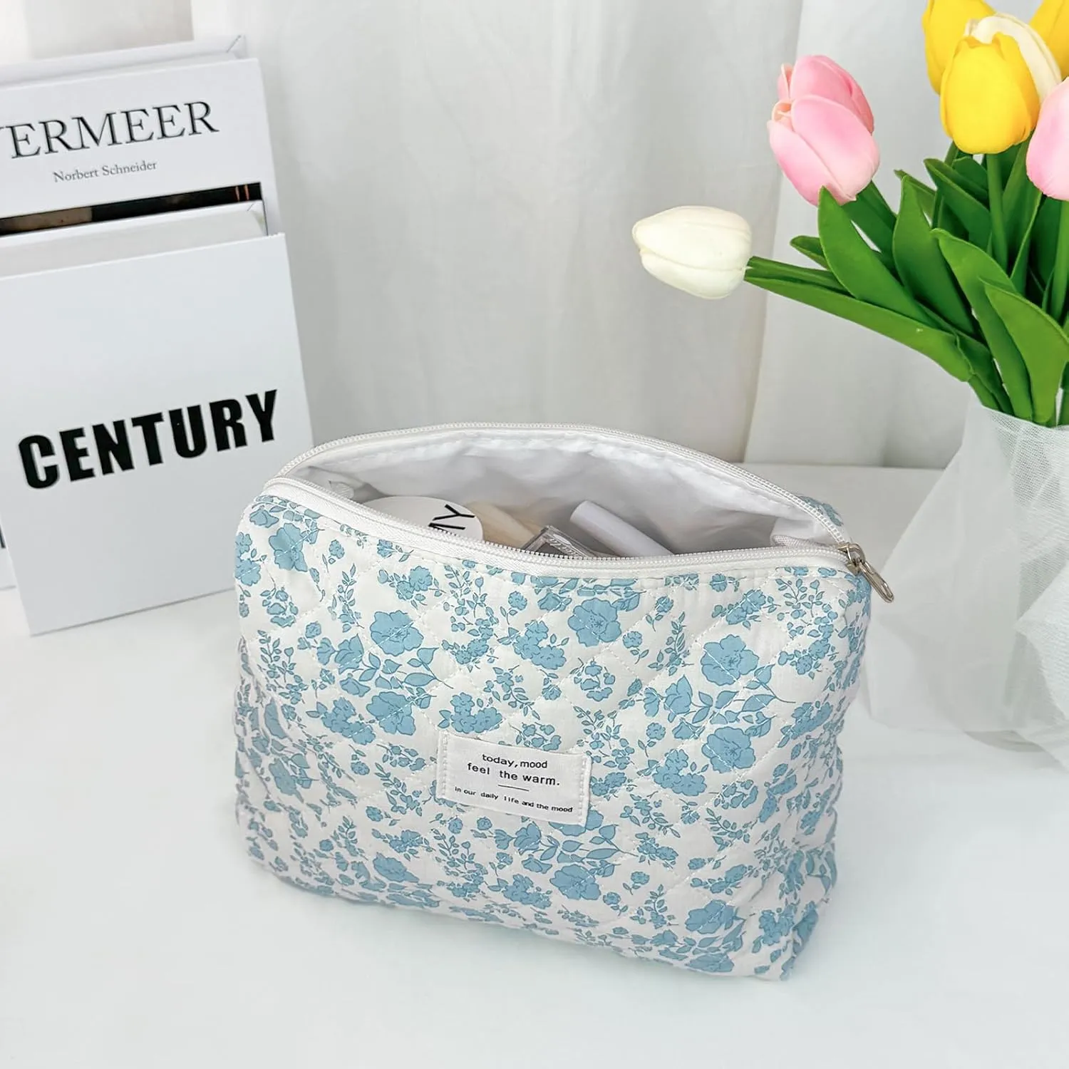 Quilted Makeup Bag, Cute Floral Portable Cotton Cosmetic Tote for Women Ladies Medium Girls Purse Pouch Toiletry Little Flower Blue