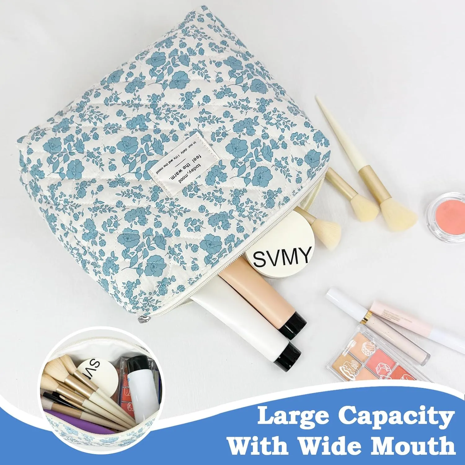Quilted Makeup Bag, Cute Floral Portable Cotton Cosmetic Tote for Women Ladies Medium Girls Purse Pouch Toiletry Little Flower Blue