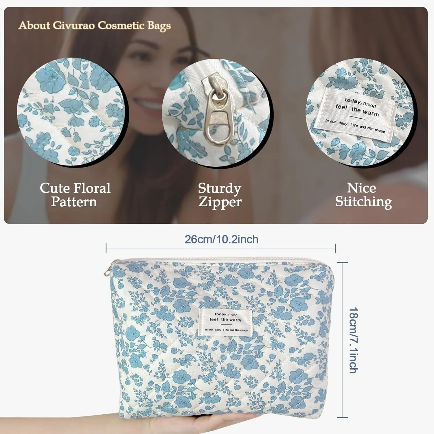 Quilted Makeup Bag, Cute Floral Portable Cotton Cosmetic Tote for Women Ladies Medium Girls Purse Pouch Toiletry Little Flower Blue