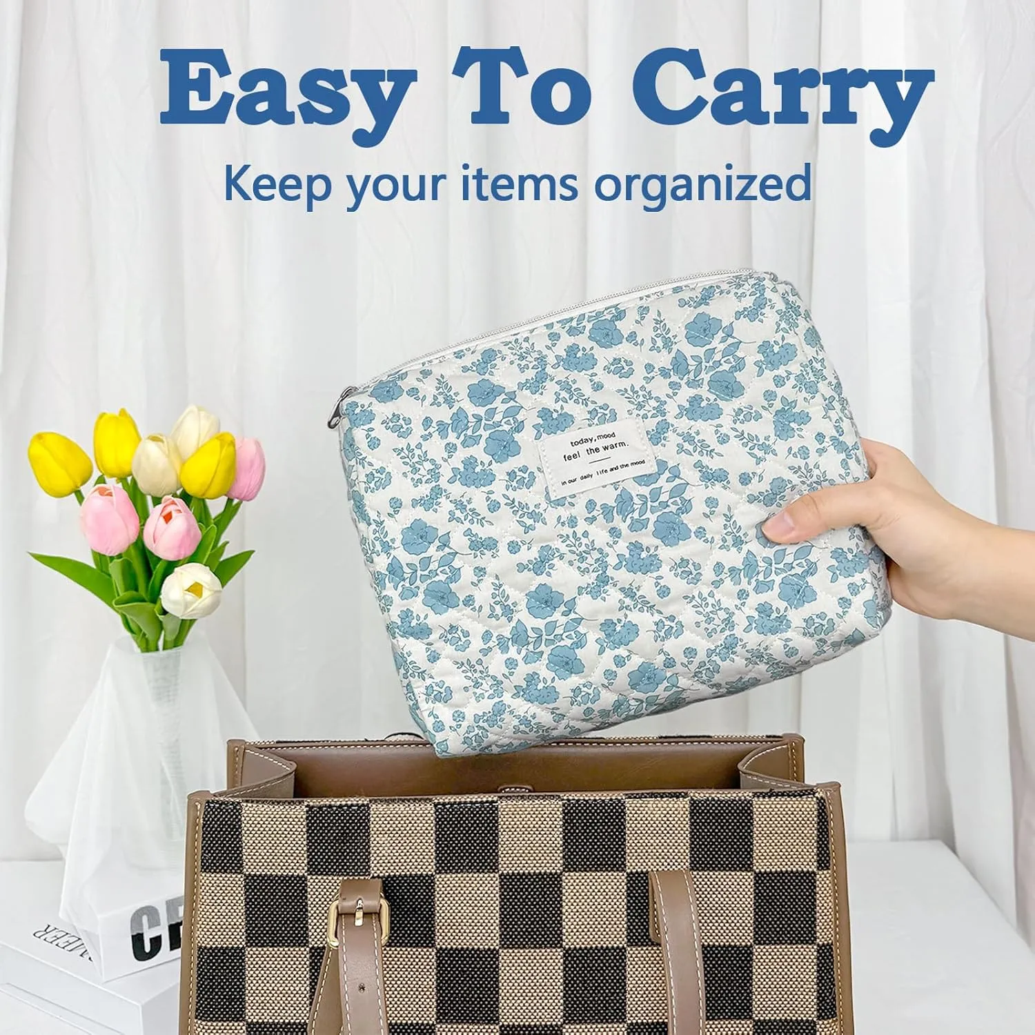 Quilted Makeup Bag, Cute Floral Portable Cotton Cosmetic Tote for Women Ladies Medium Girls Purse Pouch Toiletry Little Flower Blue