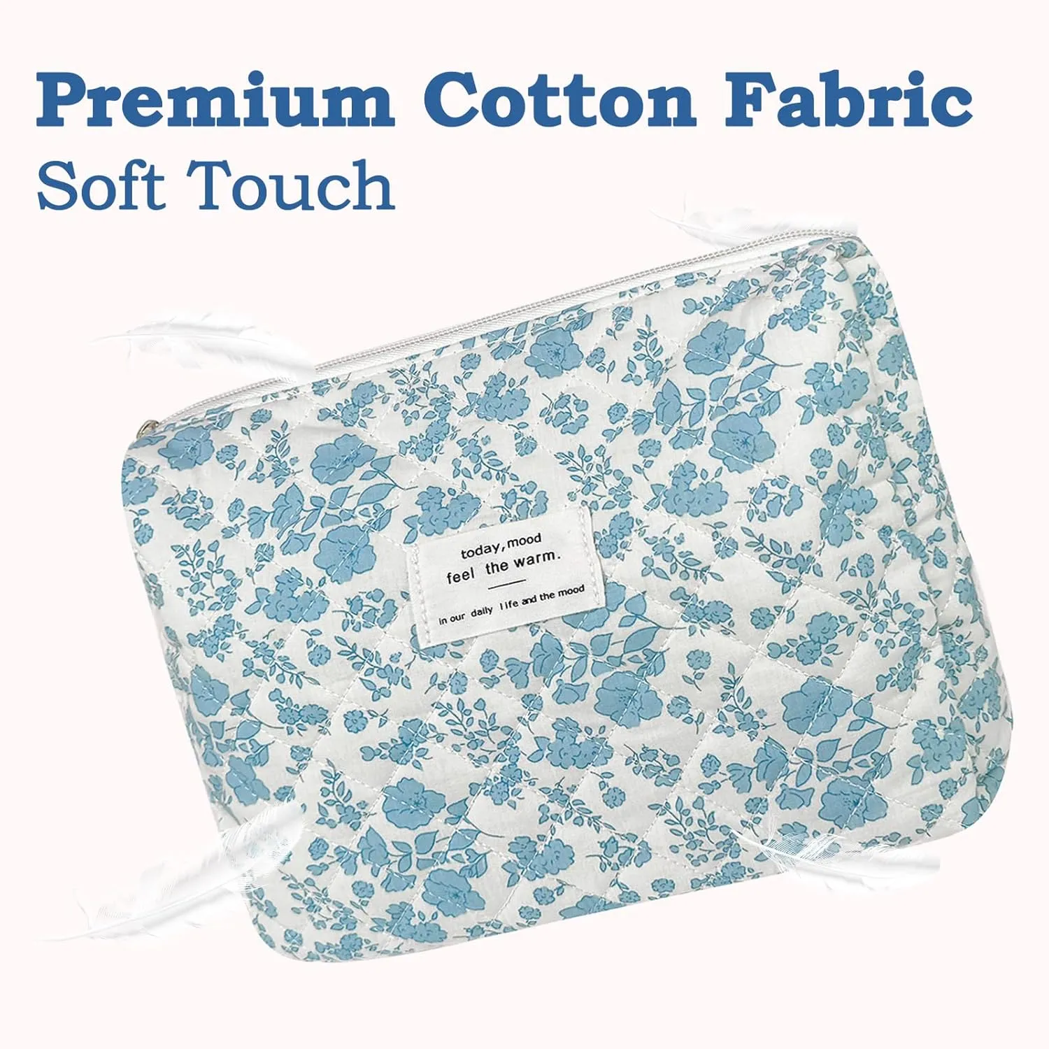 Quilted Makeup Bag, Cute Floral Portable Cotton Cosmetic Tote for Women Ladies Medium Girls Purse Pouch Toiletry Little Flower Blue