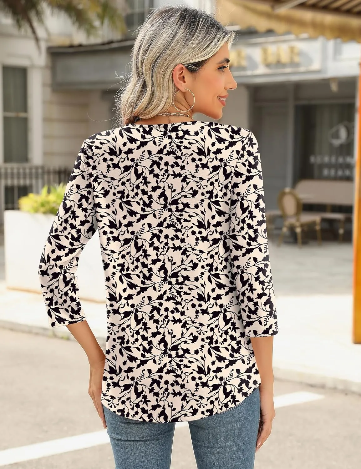 Romanstii 3/4 Length Sleeve Womens Tops Keyhole Crewneck Shirts Business Dressy Casual Tunic Blouses Summer Basic Tees