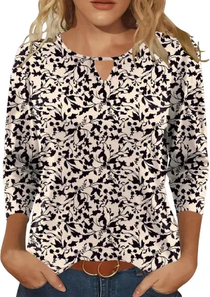 Romanstii 3/4 Length Sleeve Womens Tops Keyhole Crewneck Shirts Business Dressy Casual Tunic Blouses Summer Basic Tees